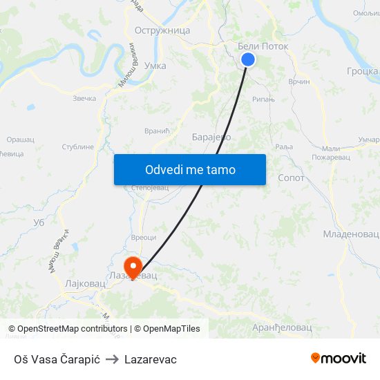 Oš Vasa Čarapić to Lazarevac map