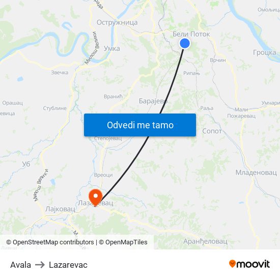 Avala to Lazarevac map