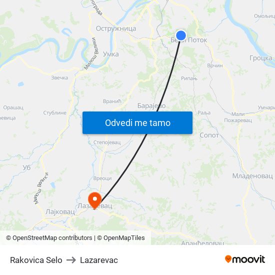 Rakovica Selo to Lazarevac map