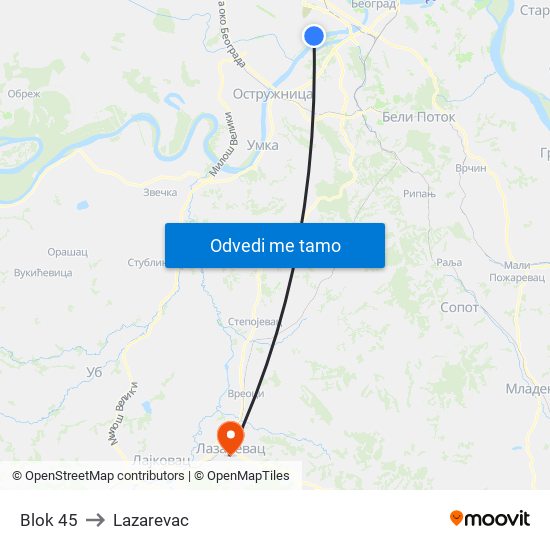 Blok 45 to Lazarevac map