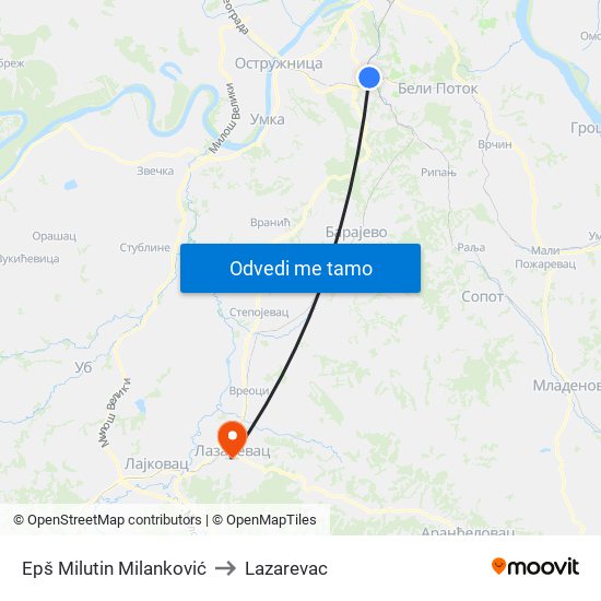 Epš Milutin Milanković to Lazarevac map