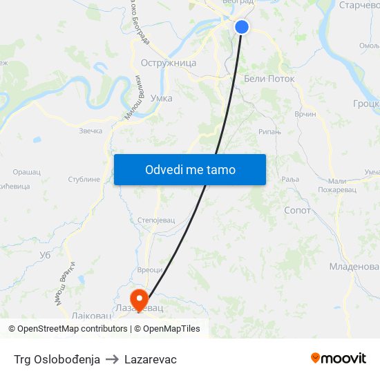 Trg Oslobođenja to Lazarevac map