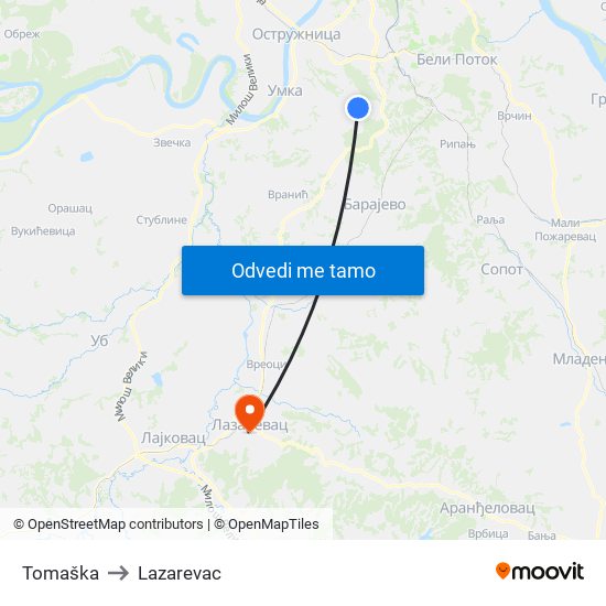 Tomaška to Lazarevac map