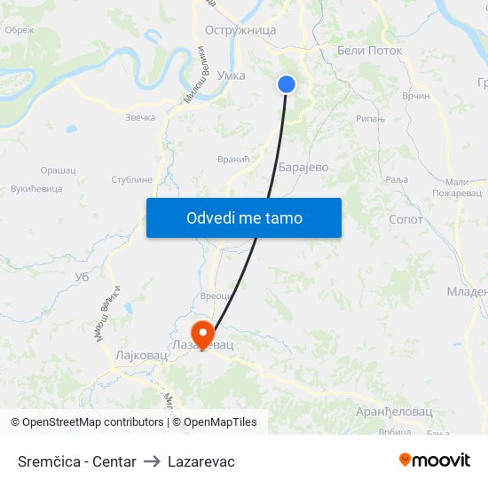 Sremčica - Centar to Lazarevac map