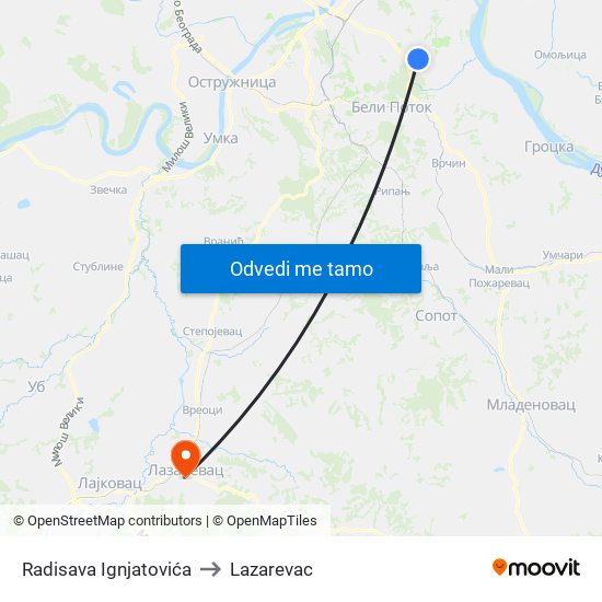 Radisava Ignjatovića to Lazarevac map