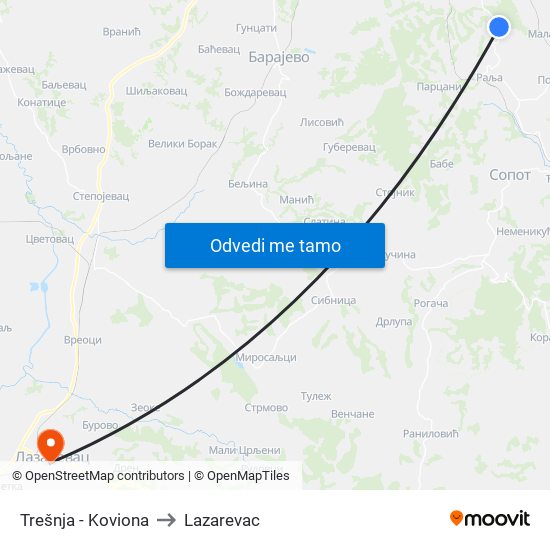 Trešnja - Koviona to Lazarevac map