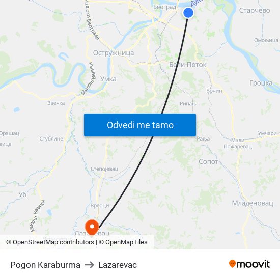 Pogon Karaburma to Lazarevac map