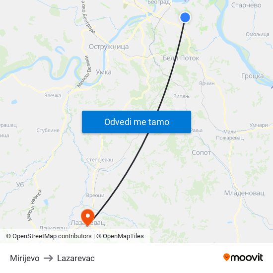 Mirijevo to Lazarevac map