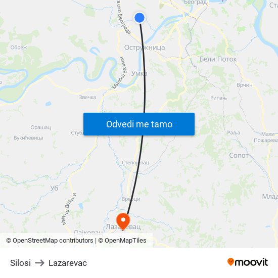 Silosi to Lazarevac map