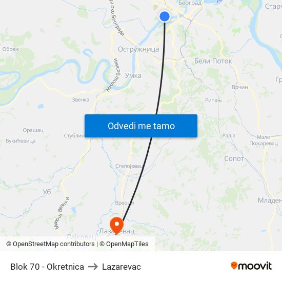 Blok 70 - Okretnica to Lazarevac map