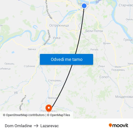 Dom Omladine to Lazarevac map