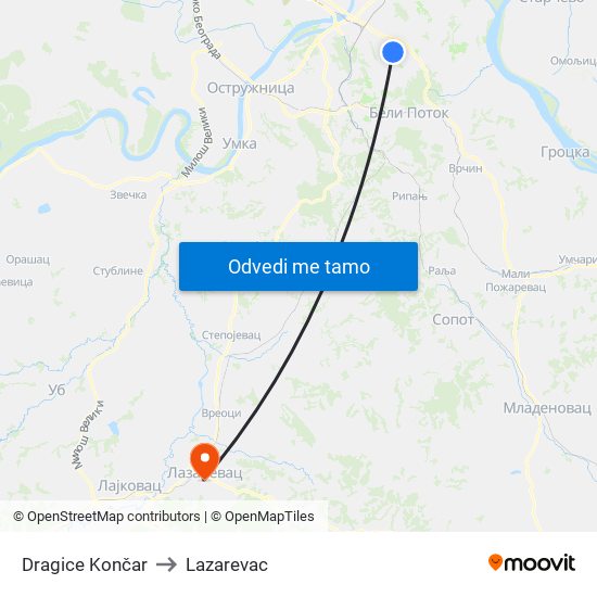 Dragice Končar to Lazarevac map