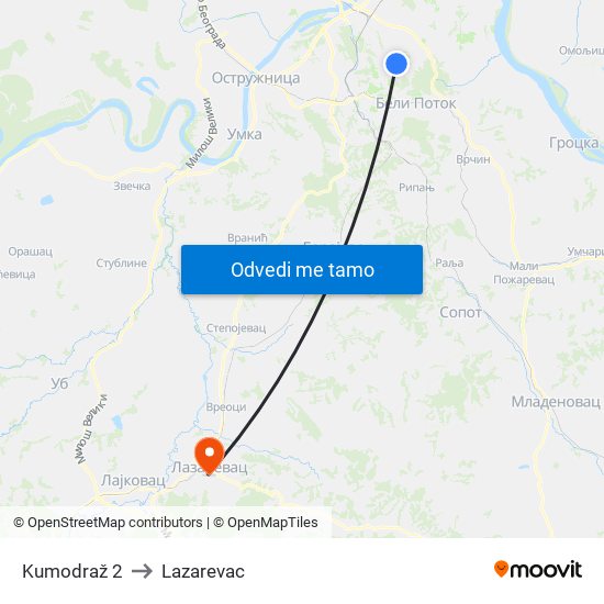 Kumodraž 2 to Lazarevac map