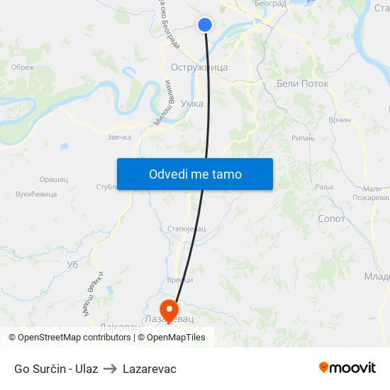 Go Surčin - Ulaz to Lazarevac map