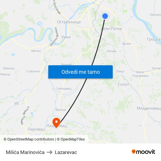 Milića Marinovića to Lazarevac map