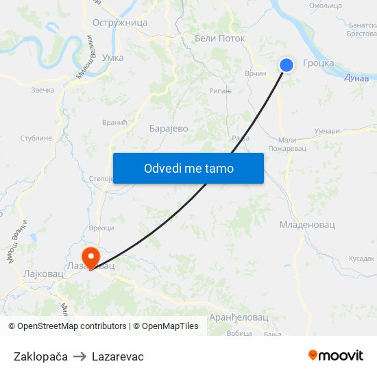 Zaklopača to Lazarevac map