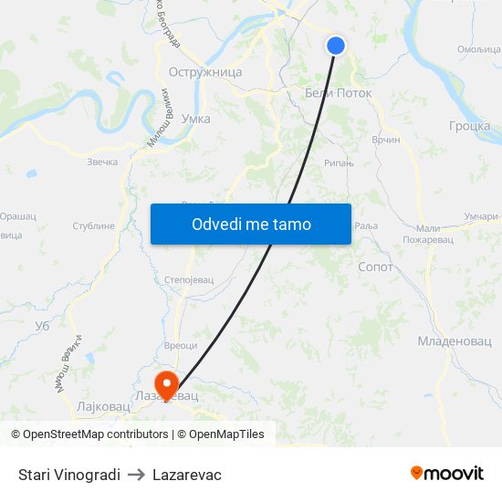 Stari Vinogradi to Lazarevac map