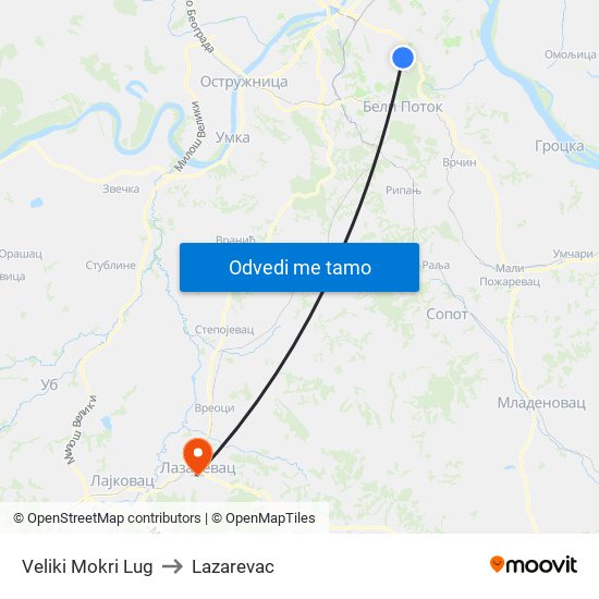 Veliki Mokri Lug to Lazarevac map