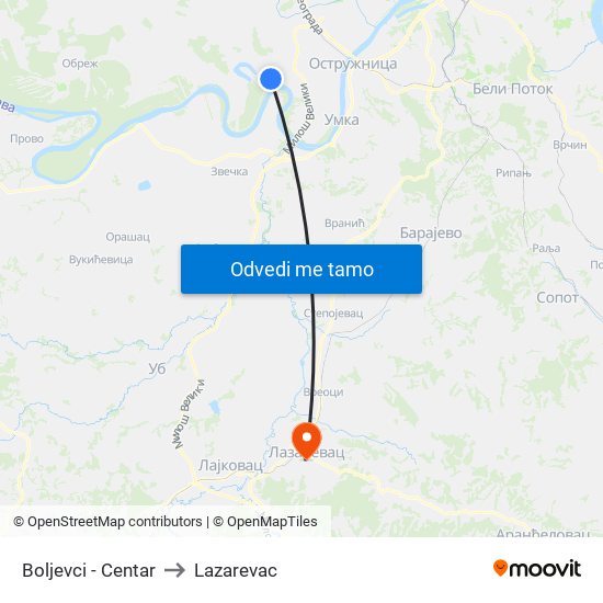 Boljevci - Centar to Lazarevac map