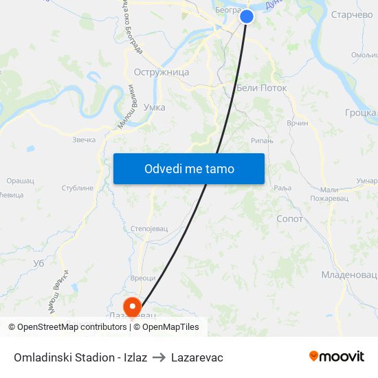 Omladinski Stadion - Izlaz to Lazarevac map