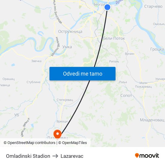 Omladinski Stadion to Lazarevac map