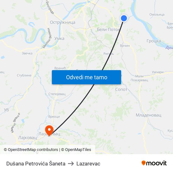 Dušana Petrovića Šaneta to Lazarevac map