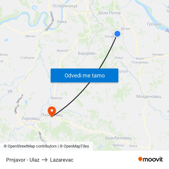 Prnjavor - Ulaz to Lazarevac map