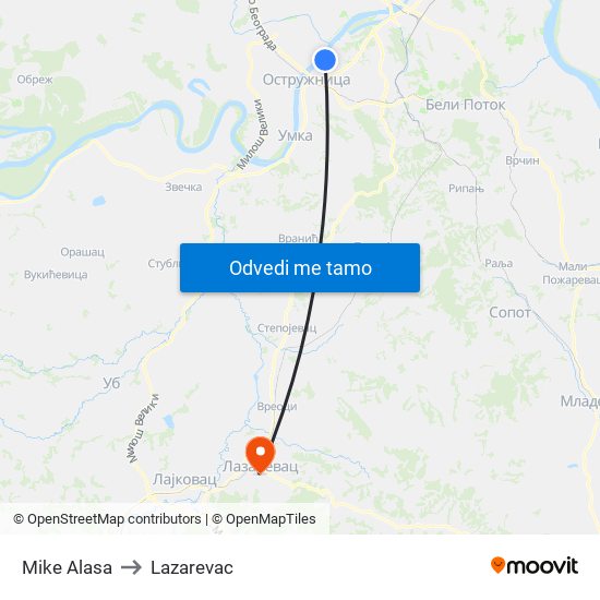 Mike Alasa to Lazarevac map