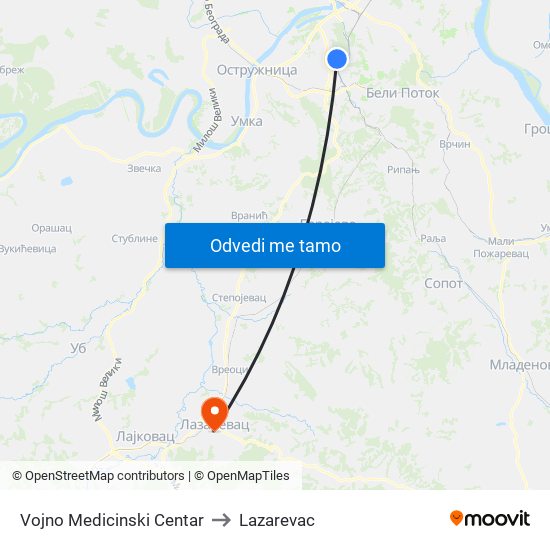 Vojno Medicinski Centar to Lazarevac map