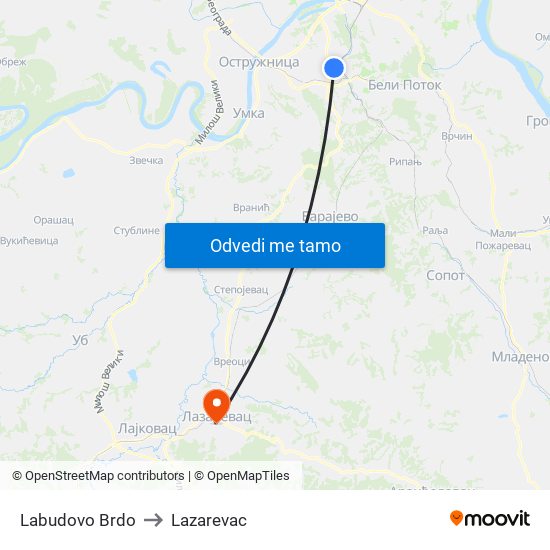 Labudovo Brdo to Lazarevac map