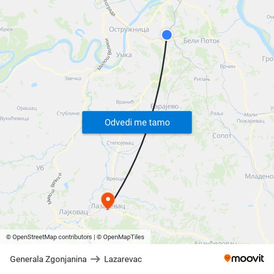 Generala Zgonjanina to Lazarevac map