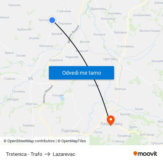 Trstenica - Trafo to Lazarevac map