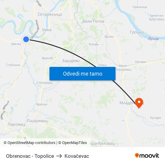 Obrenovac - Topolice to Kovačevac map