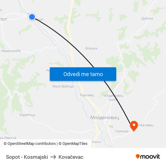 Sopot - Kosmajski to Kovačevac map