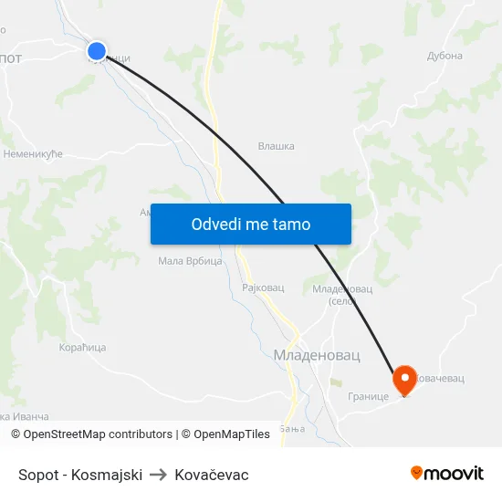 Sopot - Kosmajski to Kovačevac map
