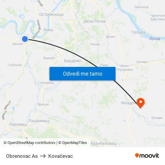 Obrenovac Аs to Kovačevac map
