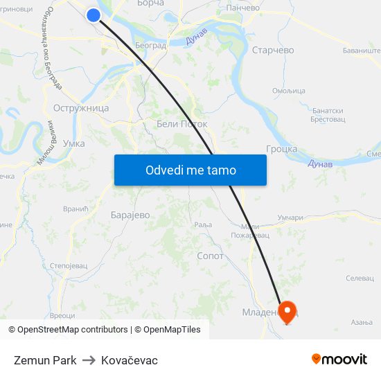Zemun Park to Kovačevac map
