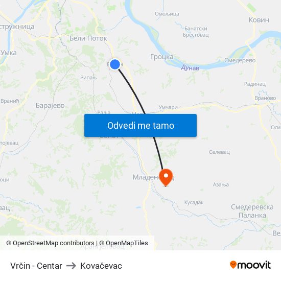 Vrčin - Centar to Kovačevac map