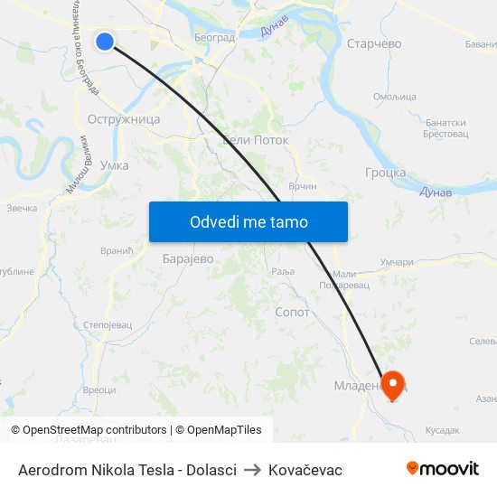 Aerodrom Nikola Tesla - Dolasci to Kovačevac map