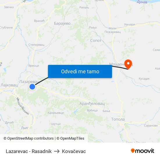 Lazarevac - Rasadnik to Kovačevac map