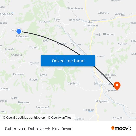 Guberevac - Dubrave to Kovačevac map