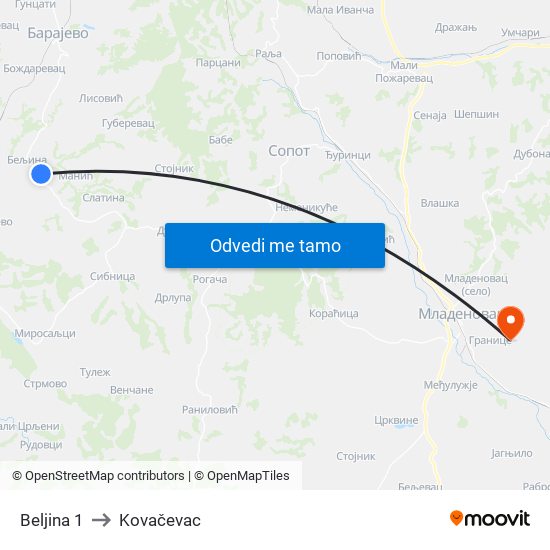 Beljina 1 to Kovačevac map