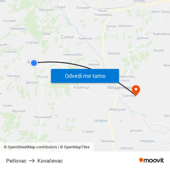 Petlovac to Kovačevac map