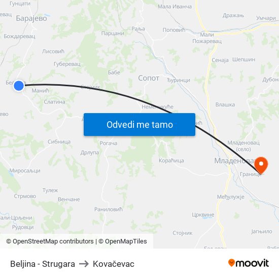Beljina - Strugara to Kovačevac map
