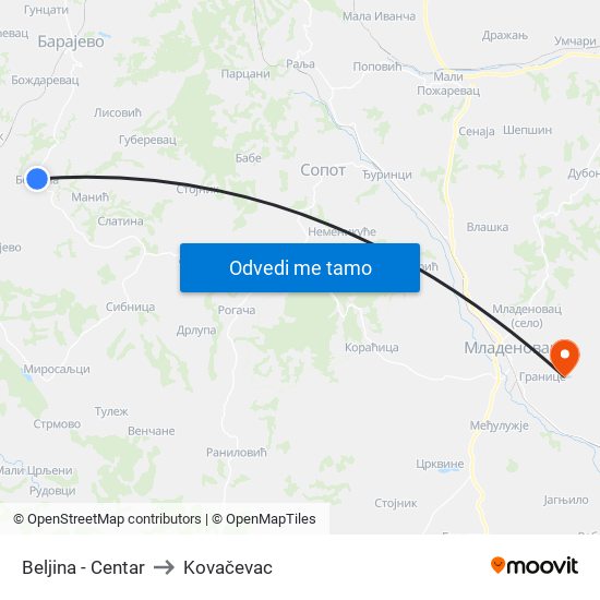 Beljina - Centar to Kovačevac map