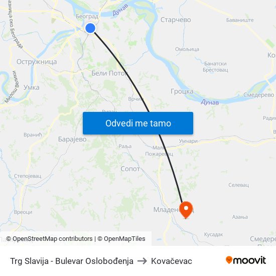 Trg Slavija - Bulevar Oslobođenja to Kovačevac map