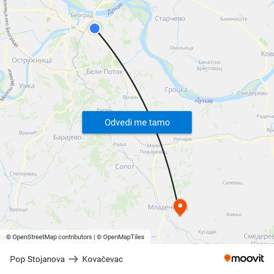 Pop Stojanova to Kovačevac map