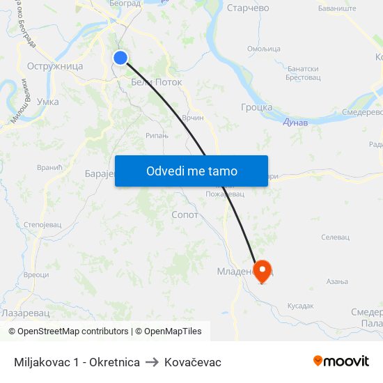 Miljakovac 1 - Okretnica to Kovačevac map