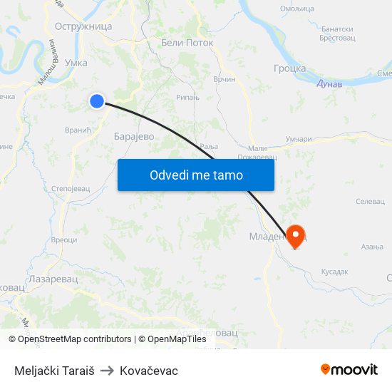 Meljački Taraiš to Kovačevac map