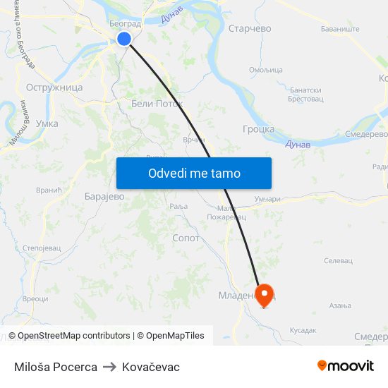 Miloša Pocerca to Kovačevac map